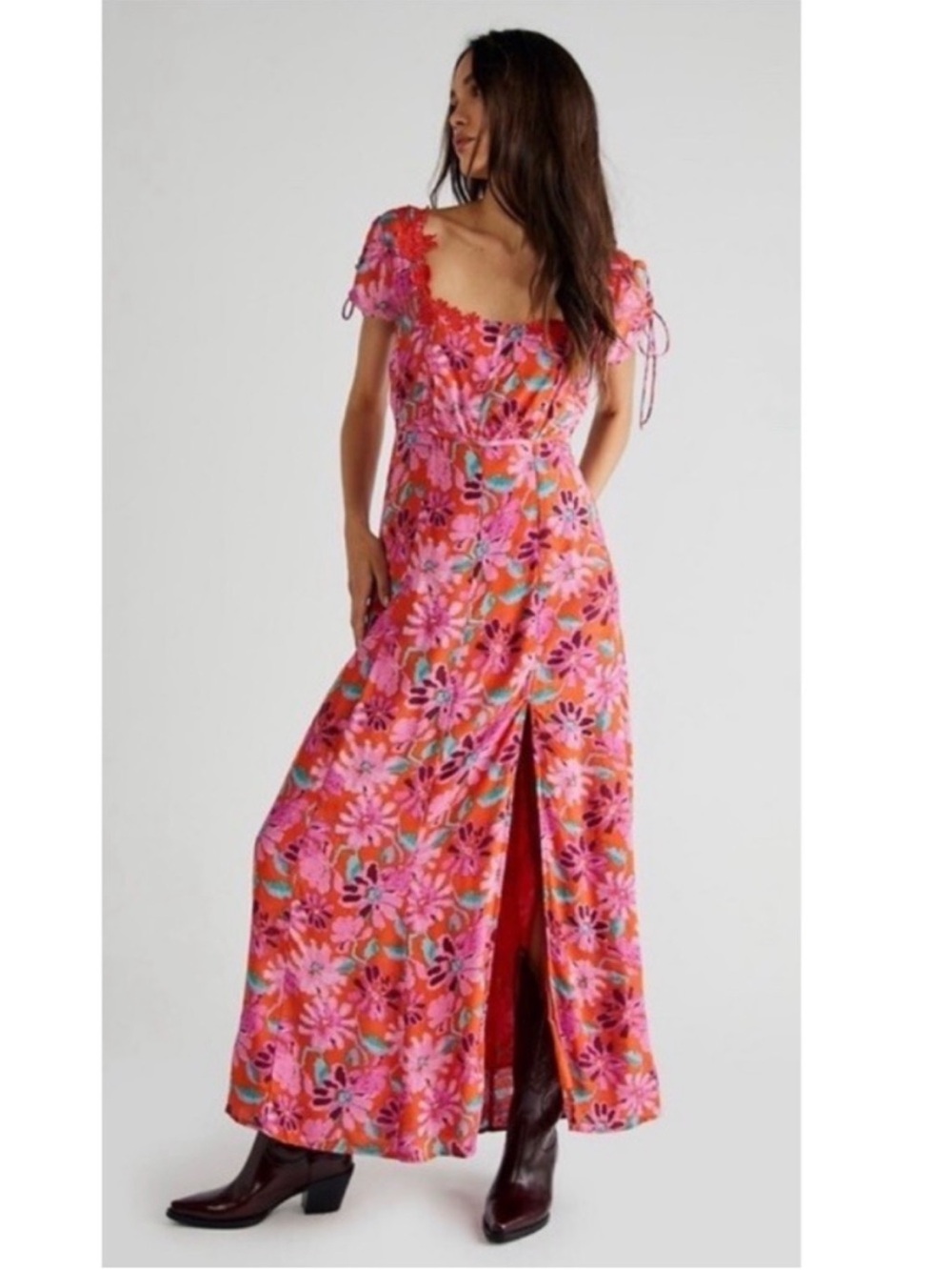 Free People Pippa Bold Floral Print Square Neck Midi Dress Womens Large Colorful